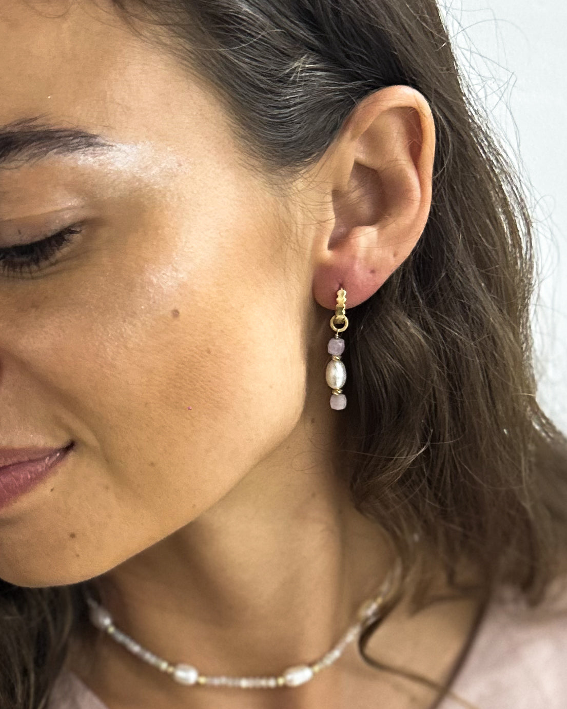 Boucles ALORA - Perles d'eau douce & Kunzite